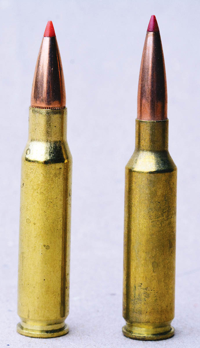 The 6.5 Creedmoor (right) was designed specifically to function in bolt action rifles with 308 Winchester (left) length actions.